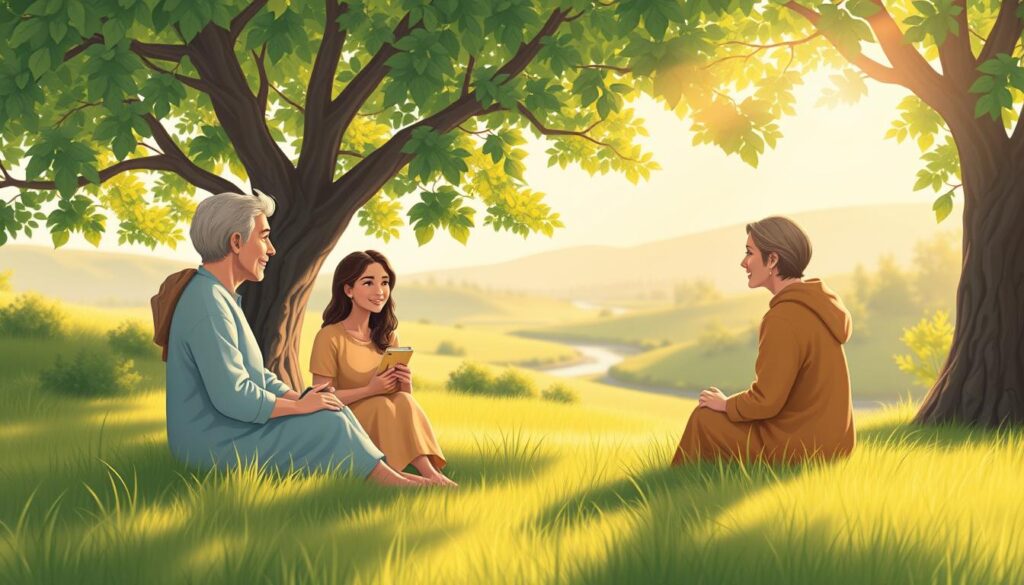 A serene and tranquil scene representing "inner child healing techniques." In the foreground, a diverse group of three adults, dressed in modest casual clothing, sit in a circle on soft grass, engaging in a relaxed discussion.