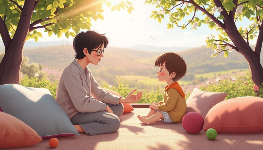 A warmly lit, nurturing environment with an adult and child sharing a calm moment together.